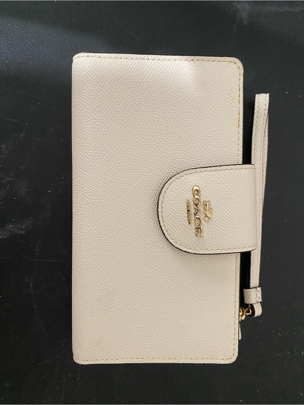 Coach Light Beige Pebbled Leather Wristlet Wallet with Gold Logo